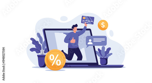 Man jumping out of a laptop screen while holding a credit card and giving a thumbs up to symbolize fast and convenient online shopping services.