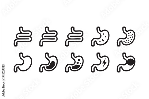 Black and white stomach and gut icon collection for medical education graphics