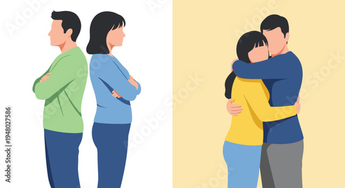 Two panel illustration showing a couple in conflict standing back to back and then reconciled in a warm hug symbolizing resolving their issues.