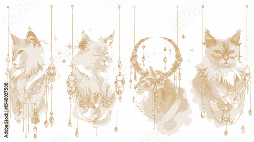 Four decorative portraits of big cats in sepia tones, accented with sparkling ornaments and beaded strings
