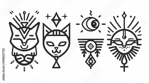 Four black-and-white stylized illustrations, featuring animal and celestial designs with lines and geometric shapes