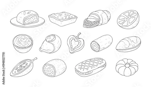 Hand drawn collection of various food and ingredients bread pastry fruit vegetable