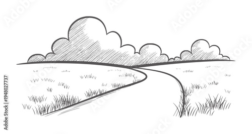 Hand drawn of a winding road through a grassy field under cloudy sky path