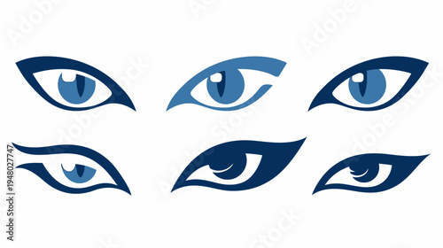 A collection of six stylized animal eye illustrations in varying shades of blue, all facing different directions