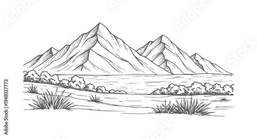 Hand drawn mountain range landscape with lake and grassy foreground mountains water