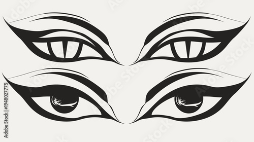 Black and white abstract illustration showing four eyes with stylized shapes