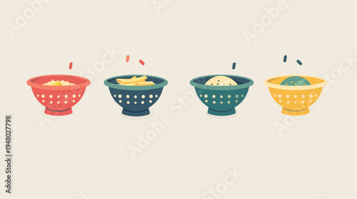 Four colorful colanders filled with foods, each with falling pieces, on a neutral background