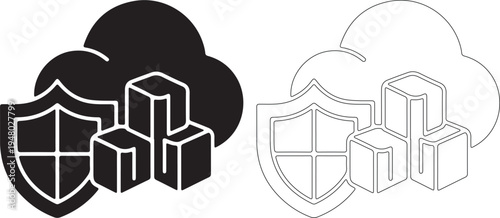 Black Cloud Data Security Vector Icons Set. Outline and Solid Computing Protection Symbol. isolated PNG with Transparent Background