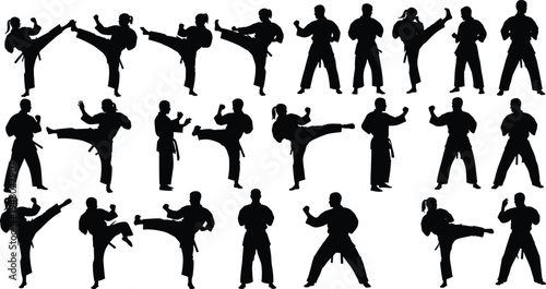 Martial arts silhouettes in dynamic poses, stances, kicks, and punches, vector illustration of fighters in traditional uniforms for sports, training, and cultural concepts