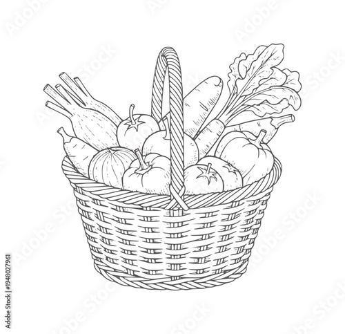 Woven basket overflowing with fresh garden vegetables and produce harvest