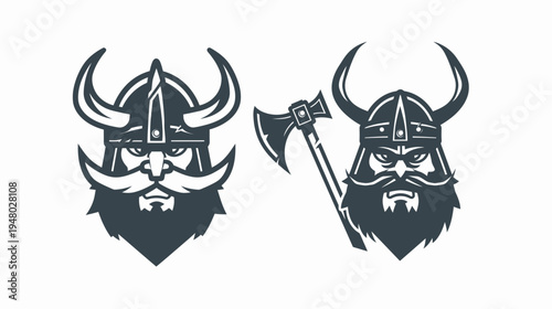 Illustration showing two stylized Viking heads, one with an axe, on a white background