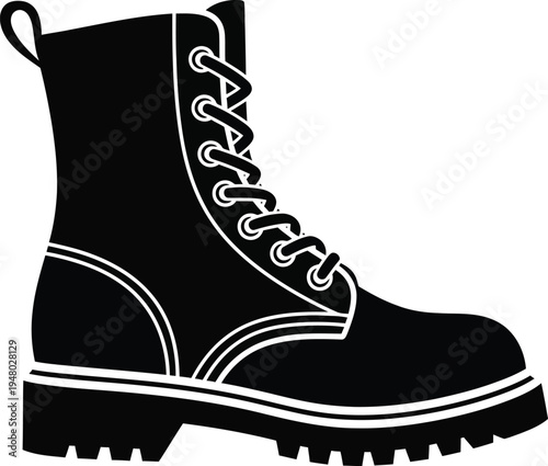 A detailed side view illustration of a classic leather combat boot with sturdy lace up design