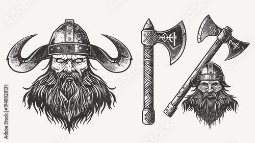 A grayscale illustration of a Viking, helmeted, and wielding battle axes, with stern expressions