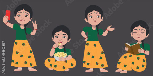 Indian Girl Character Set Reading Eating Selfie Gestures Cartoon Vector