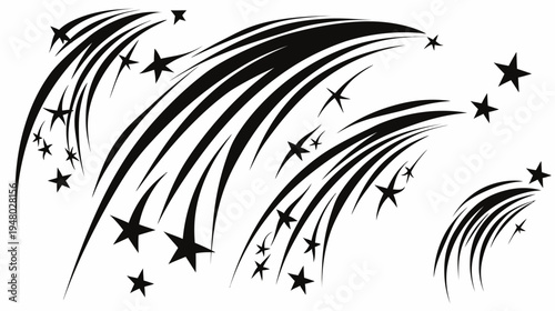 Graphic art featuring curved, parallel lines and various-sized stars in black and white