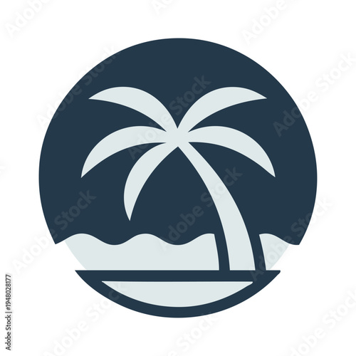 Logo agencia de viajes. Vacaciones de verano. Dibujo sencillo con siluetas de un paisaje con la palma y olas de mar en círculo