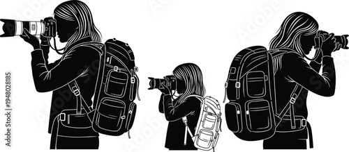 Silhouettes of photographers with cameras and backpacks, adults and child taking photos, vector illustration for family, hobby, travel, and creative 