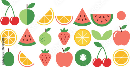 Flat fruit icons set cherry apple strawberry watermelon citrus illustration collection
