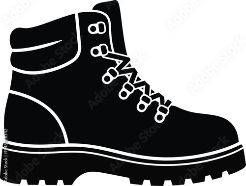 A sturdy black leather hiking boot with thick tread and detailed metal eyelets for secure lacing