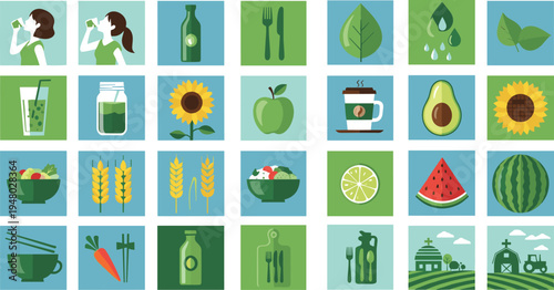 Healthy lifestyle flat icons set organic food drink nutrition collection illustration