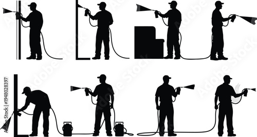 Silhouettes of workers using spray guns, vector illustration of painting and coating techniques with hoses and equipment for industry, construction, and design concepts