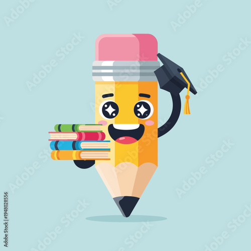 Cartoon Pencil Character with Graduation Cap.