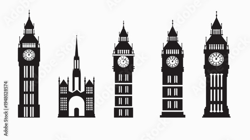 Black and white illustration of clock towers and architectural silhouettes, isolated