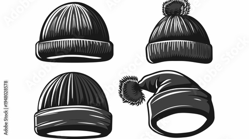 Four black and white illustrations of beanies in different styles, isolated on white background