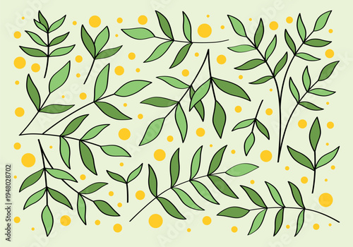 Cute set of hand drawn branches and leaves of bushes and trees. Aesthetic collection of plant icons. Ideal for decorating and framing flyers, greeting cards, stickers, posters, invitations, packaging.