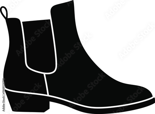 A silhouette of a classic chelsea boot featuring an elastic side panel and a low block heel design