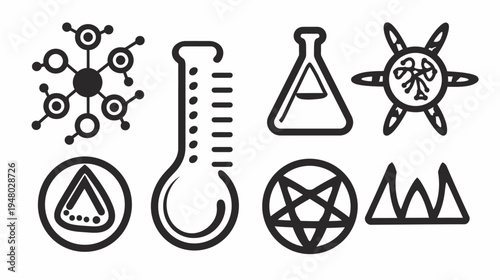 Black and white line art depicting scientific and esoteric symbols on a white background