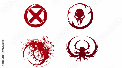 Four stylized red circular logos against white background, one "X", one skull, one blood splatter, one crab