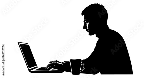 Focused Man Working on Laptop with Coffee Black and White Vector Illustration EPS10 Stock.eps