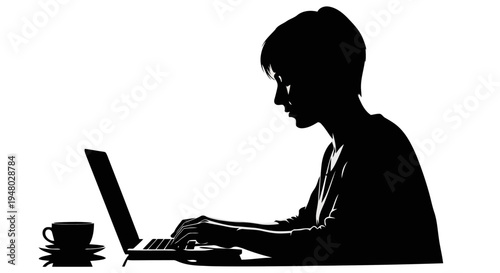 Minimalist vector silhouette Person focused on laptop with coffee EPS10 Stock.eps