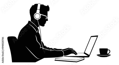 Black and white silhouette of man wearing headphones and glasses working on laptop EPS10 Stock.eps