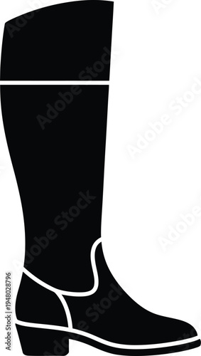 Black silhouette of a classic tall riding boot with a low heel for equestrian sport activities