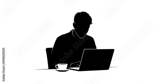 Minimalist black and white vector silhouette of a man working on laptop with coffee EPS10 Stock.eps