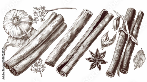 Artistic depiction of various spices. Includes cinnamon sticks, star anise, and other aromatics