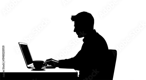 Male silhouette working on laptop with coffee cup Vector illustration EPS10 Stock.eps