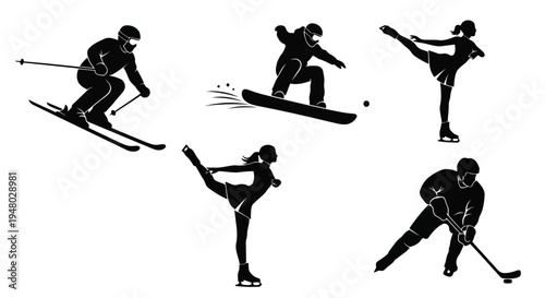 Dynamic Winter Sports Silhouettes Skiing Snowboarding Figure Skating Ice Hockey EPS10 Stock.eps