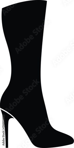 A sleek black silhouette of a tall stiletto boot designed with a pointed toe and high slender heel