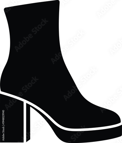 Black silhouette icon of a stylish women fashion ankle boot with a thick block heel and platform
