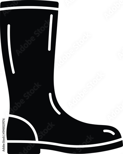 A black silhouette of a tall rubber rain boot designed for protection in wet and muddy conditions