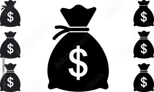 Black Money Bag Icon Set with Dollar Sign on White Background
