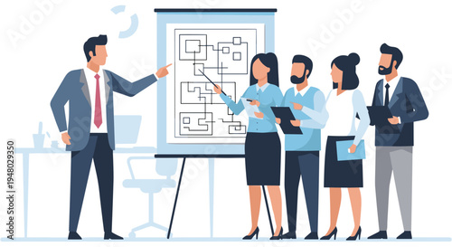 Business team discussing strategy on flowchart in professional modern office setting with bright lighting for corporate presentation