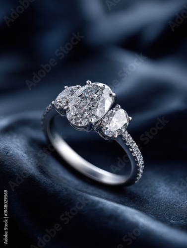 Luxurious blue satin fabric and three-stone diamond ring/高級感のある青いサテン生地とスリーストーンのダイヤモンドリング