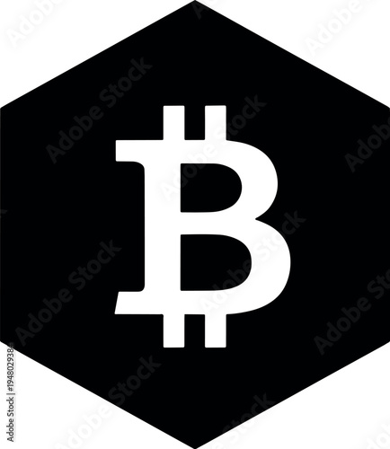 Bitcoin Cryptocurrency Icon Black Hexagon on White Background