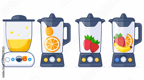 Four stylized blender illustrations showing ingredients like juice, orange slices, strawberries and banana