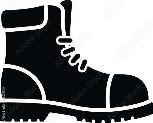 A sturdy black leather work boot with a thick rubber sole and lace up design for heavy duty tasks