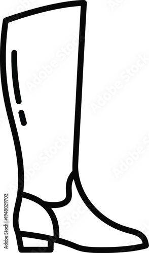 A simple black and white line art illustration of a tall leather boot with a classic block heel